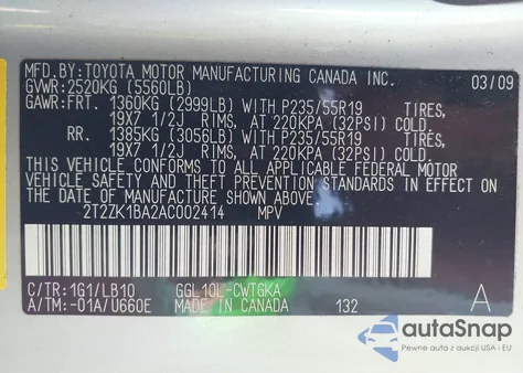 2010 Lexus Rx 350 из США, поврежденный, VIN 2T2ZK1BA2AC002414